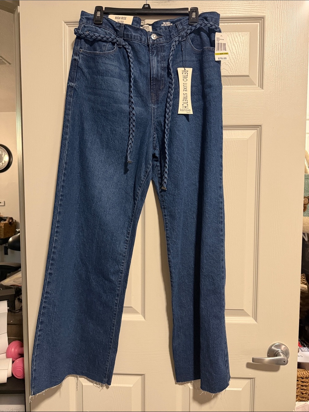 Women’s Wide-Leg Dark Blue Denim Jeans with Rope Belt